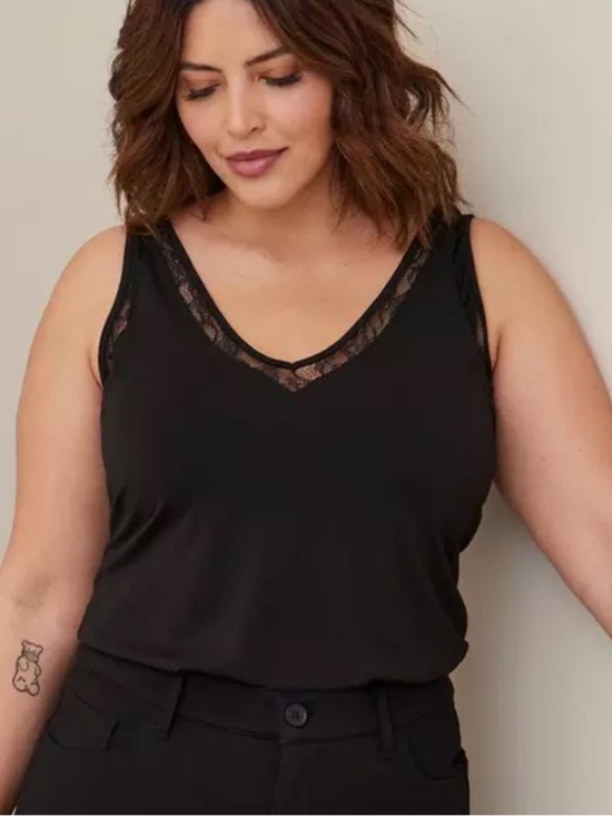 torrid Tops - Torrid Black Studio Crepe Jersey Double V-Neck Tank Top Blouse Lace Insert 1X
